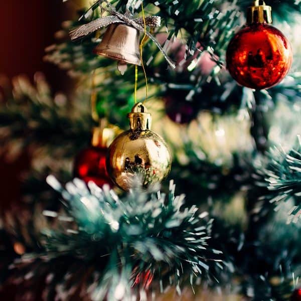 Gold and red Christmas balls on a Christmas tree