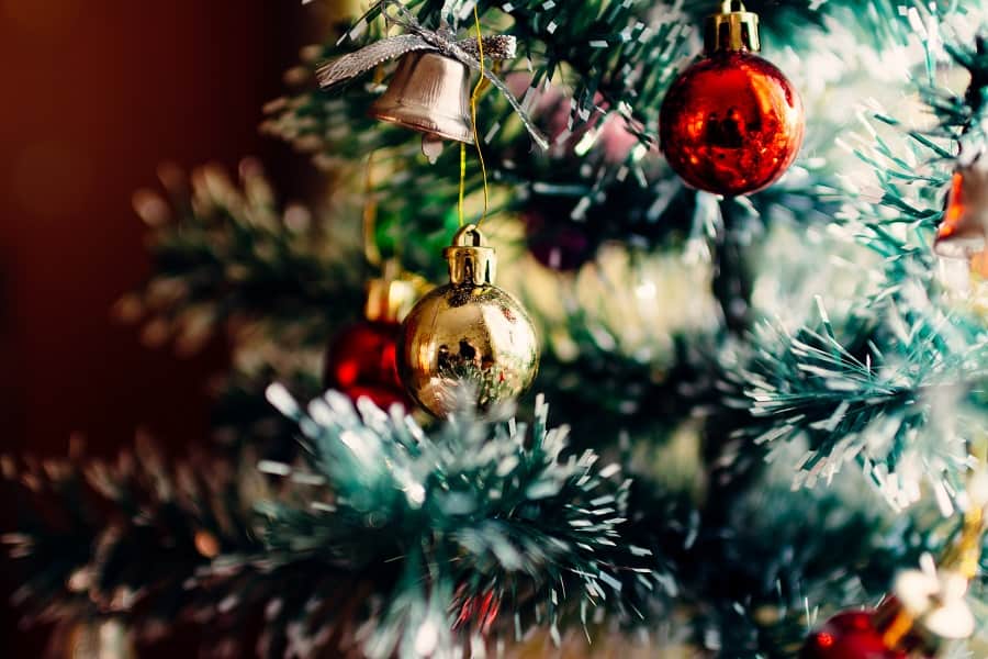 Gold and red Christmas balls on a Christmas tree