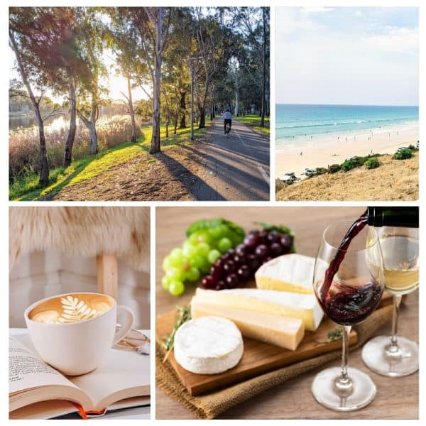 Collage of Adelaide images including wines, walking trails, beaches and cafes.
